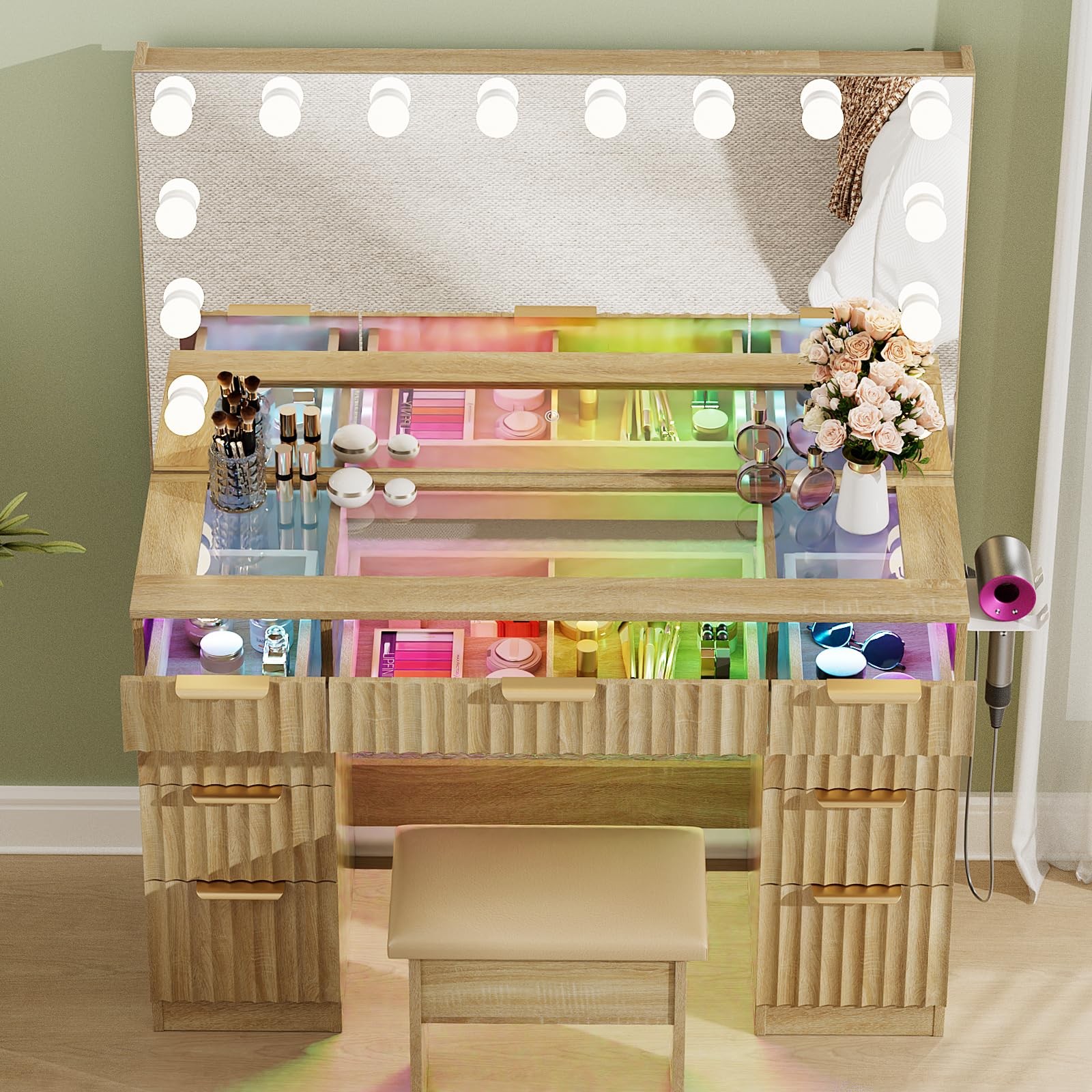 43 Oak Makeup Vanity LED Mirror 3 Color Dimmable Glass Top RGB Drawers