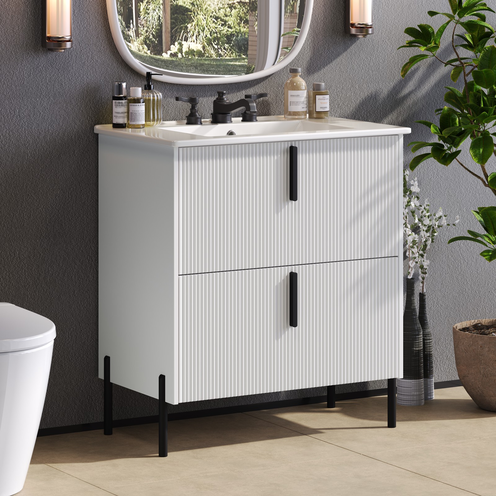 30″ White Bathroom Vanity with Ceramic Sink & Soft Close Drawers