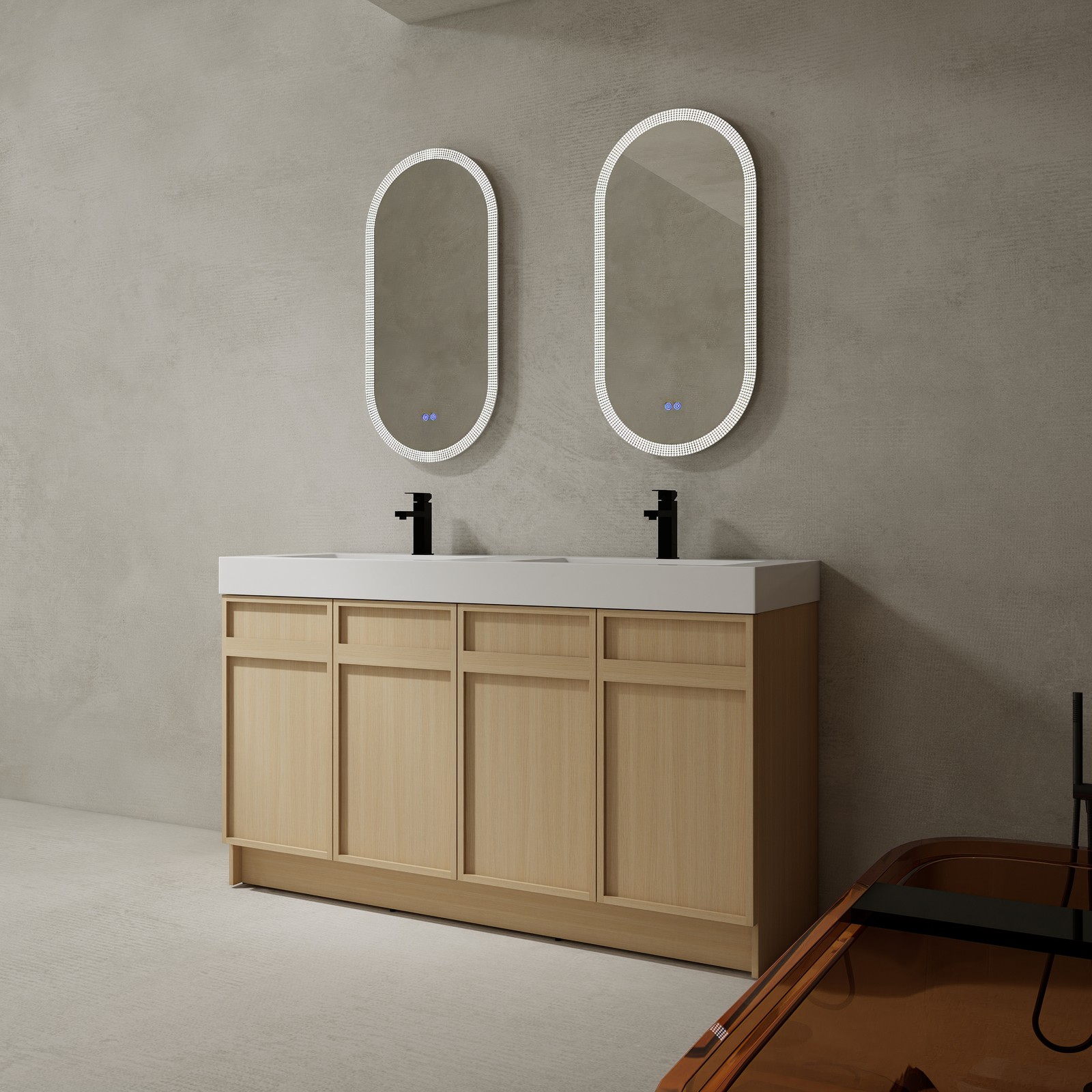 60in Plywood Double Sink Bathroom Vanity Cabinet W/ 4 Doors White Resin Sink