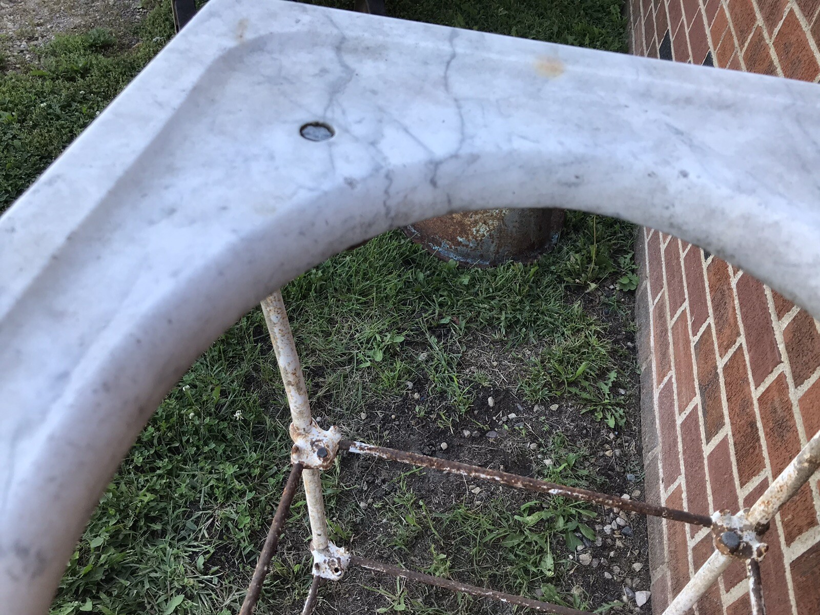 ANTIQUE VTG IRON VANITY WITH MARBLE TOP BATH SINK STAND 24 WIDE X 22 DEEP X 32”