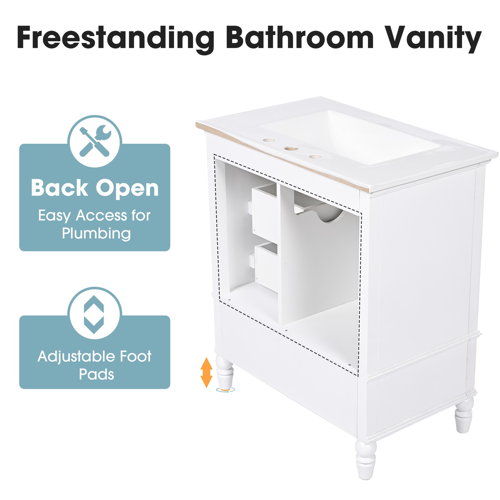 30″ Bathroom Vanity with Sink, Bathroom Cabinet with A Door, Three Drawers White
