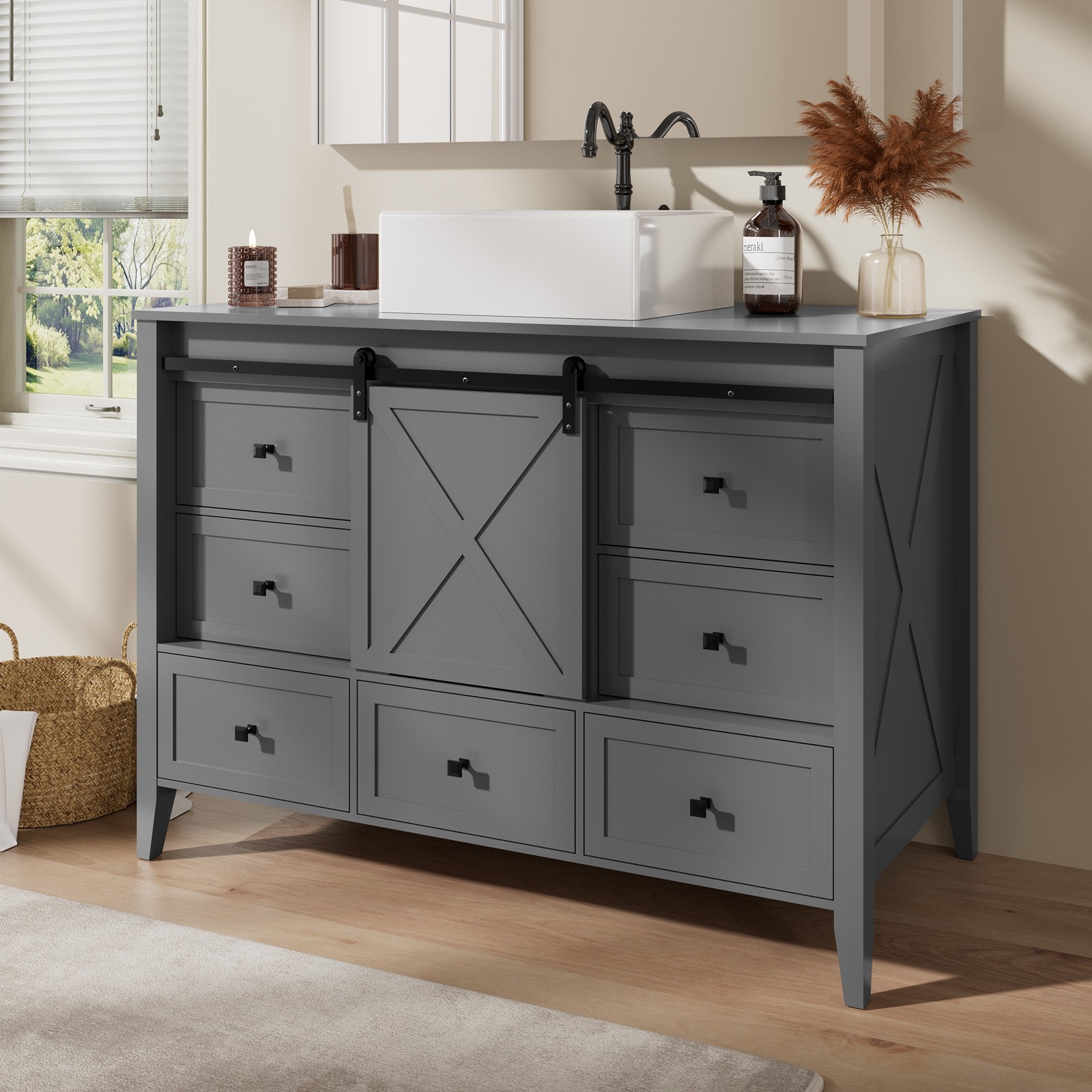 48″ Bathroom Vanity Wood Grain Cabinet with Ceramic Sink NO Faucet Combo Set