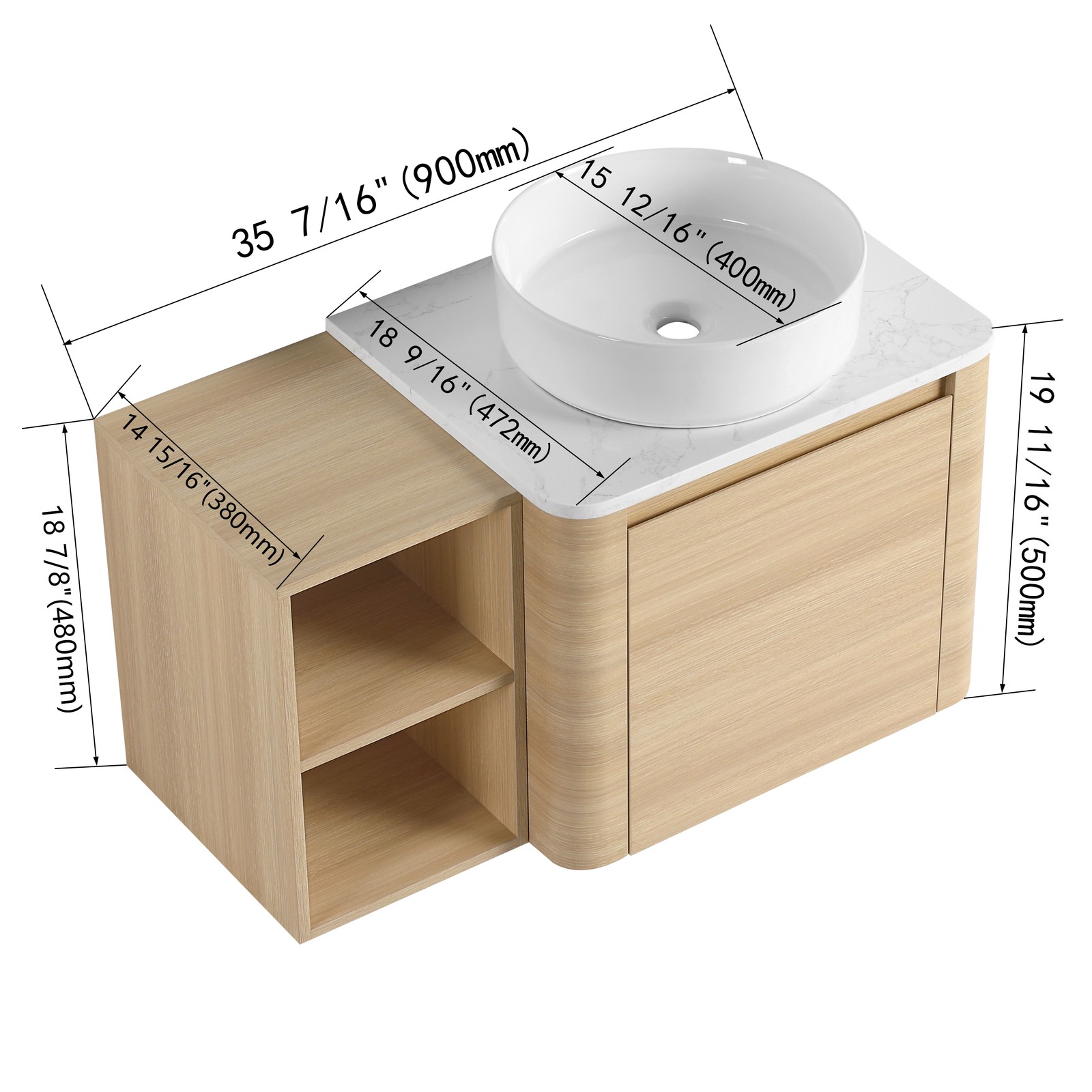 36in Plywood Floating Bathroom Vanity W/White Ceramic Basin Sink Storage Shelves