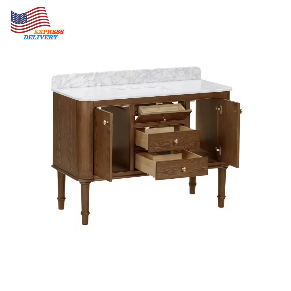 48 In. Single Sink Cinnamon Oak Bath Vanity White Carrara Marble Top (Assembled)