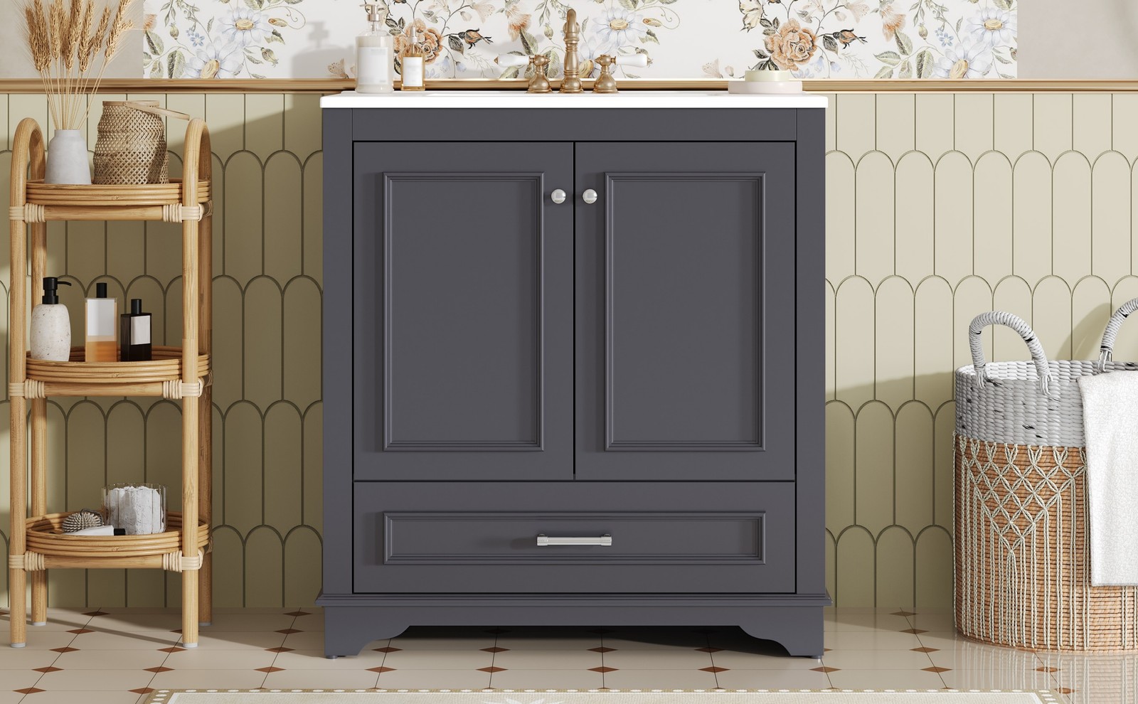 30.5″ Bathroom Vanity with Ceramic Sink, 2 Soft Close Doors, Solid Wood Frame