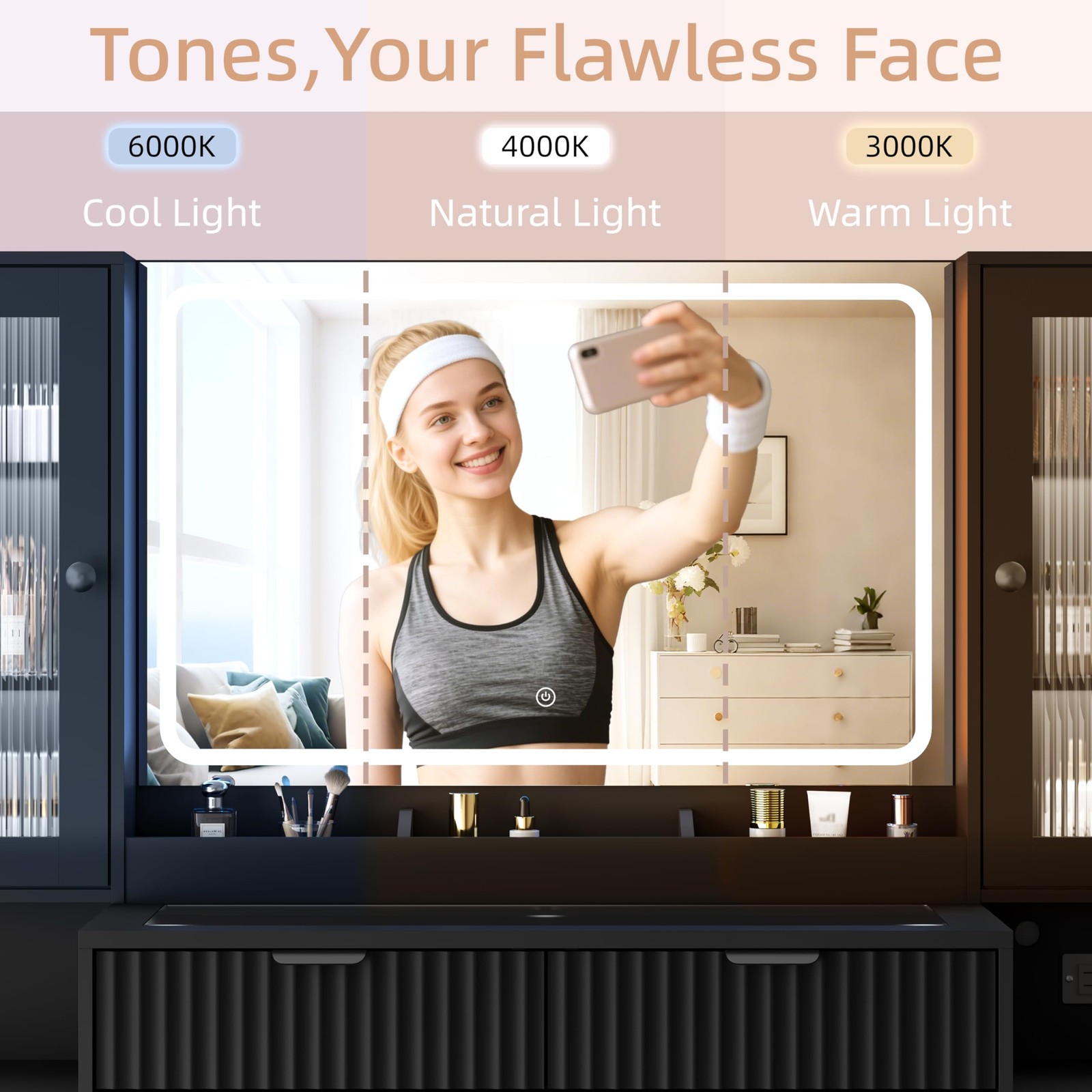 55 Vanity Desk with Mirror Lights 8 Drawers Tempered Glass RGB Charging Station