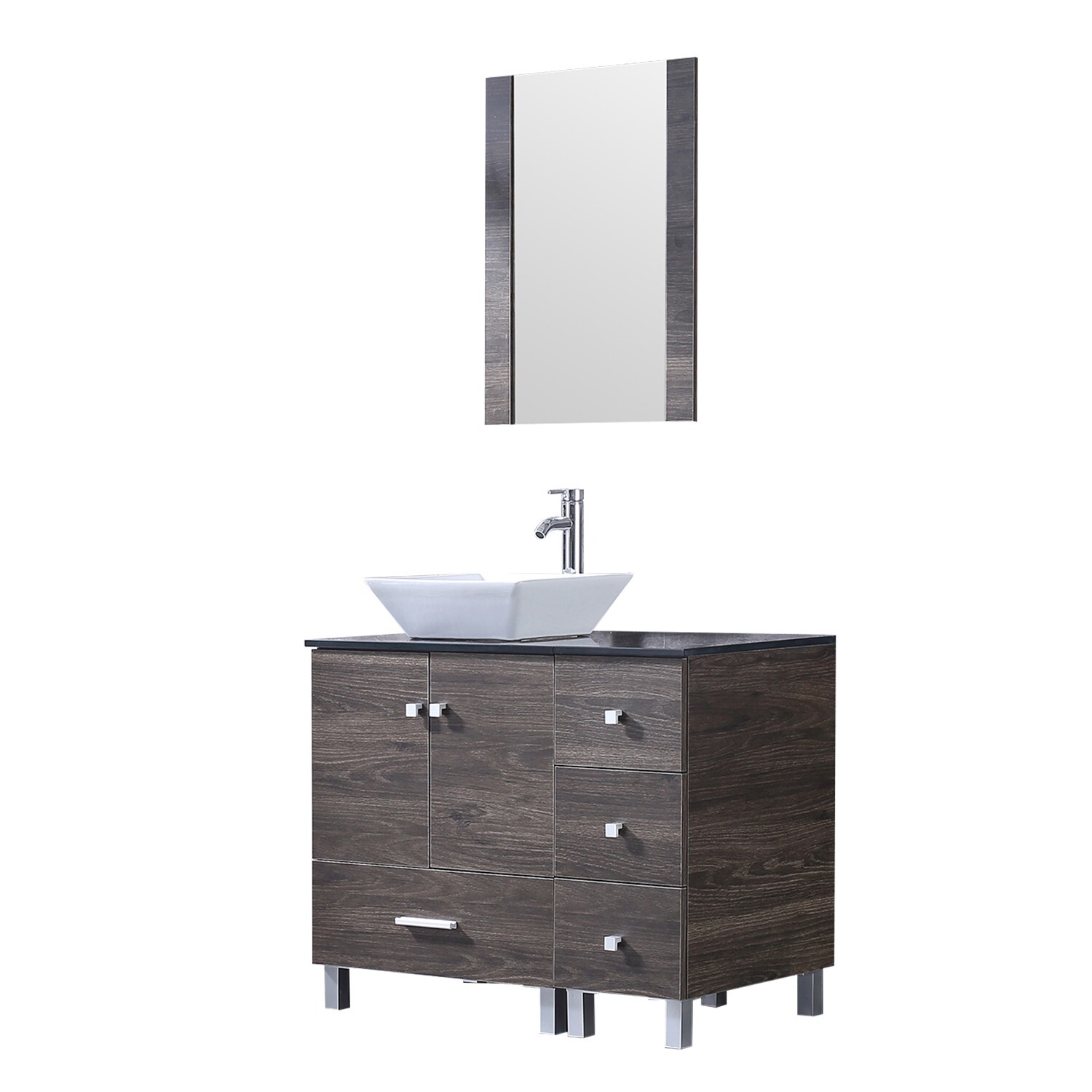 36inch Bathroom Vanity Single Cabinet 4 Ceramic Sink w/Black Glass Top Set Brown
