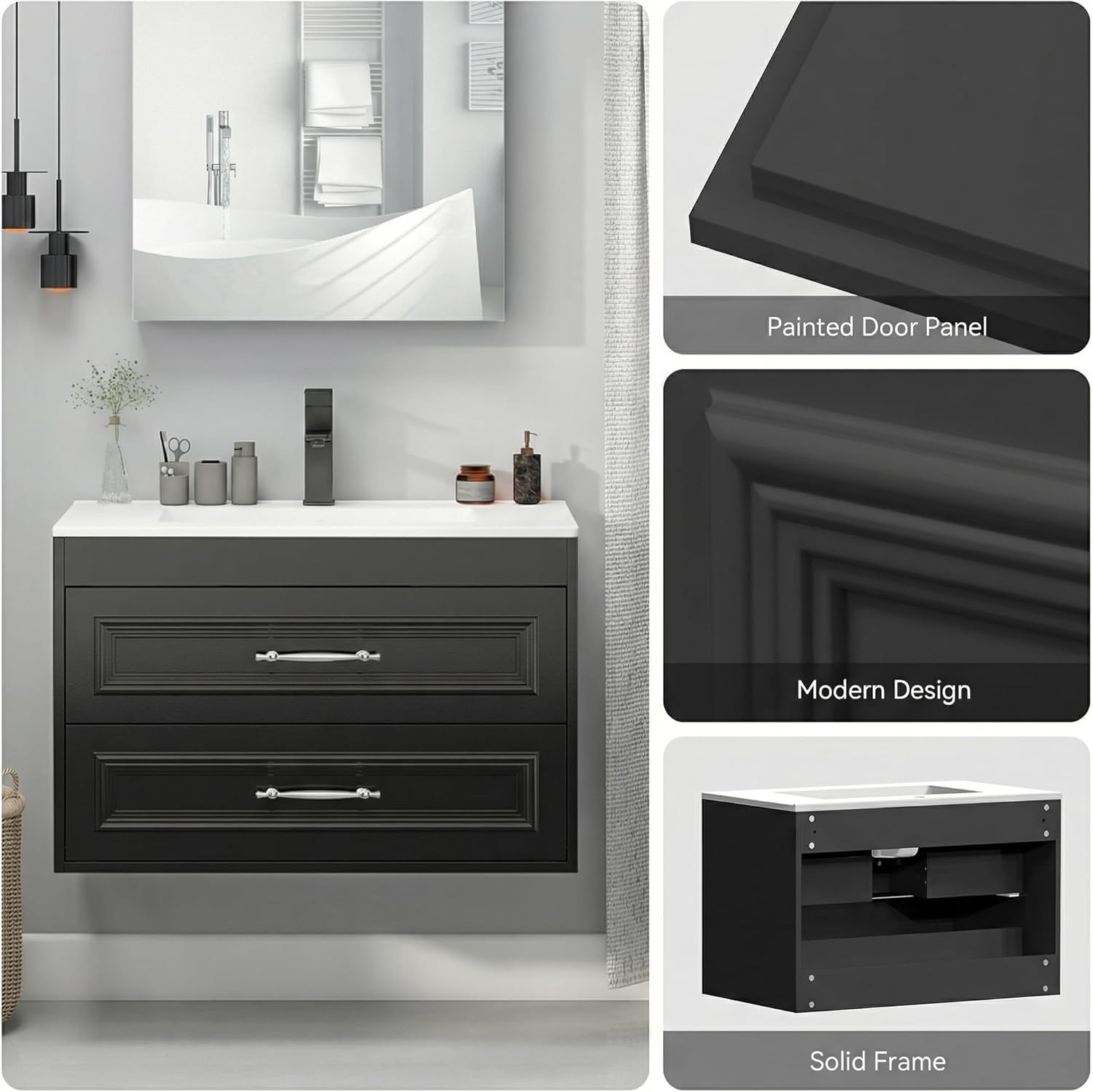 YOURLITE 30″ Floating Bathroom Vanity with Sink Combo, Painted Surface Wall Moun