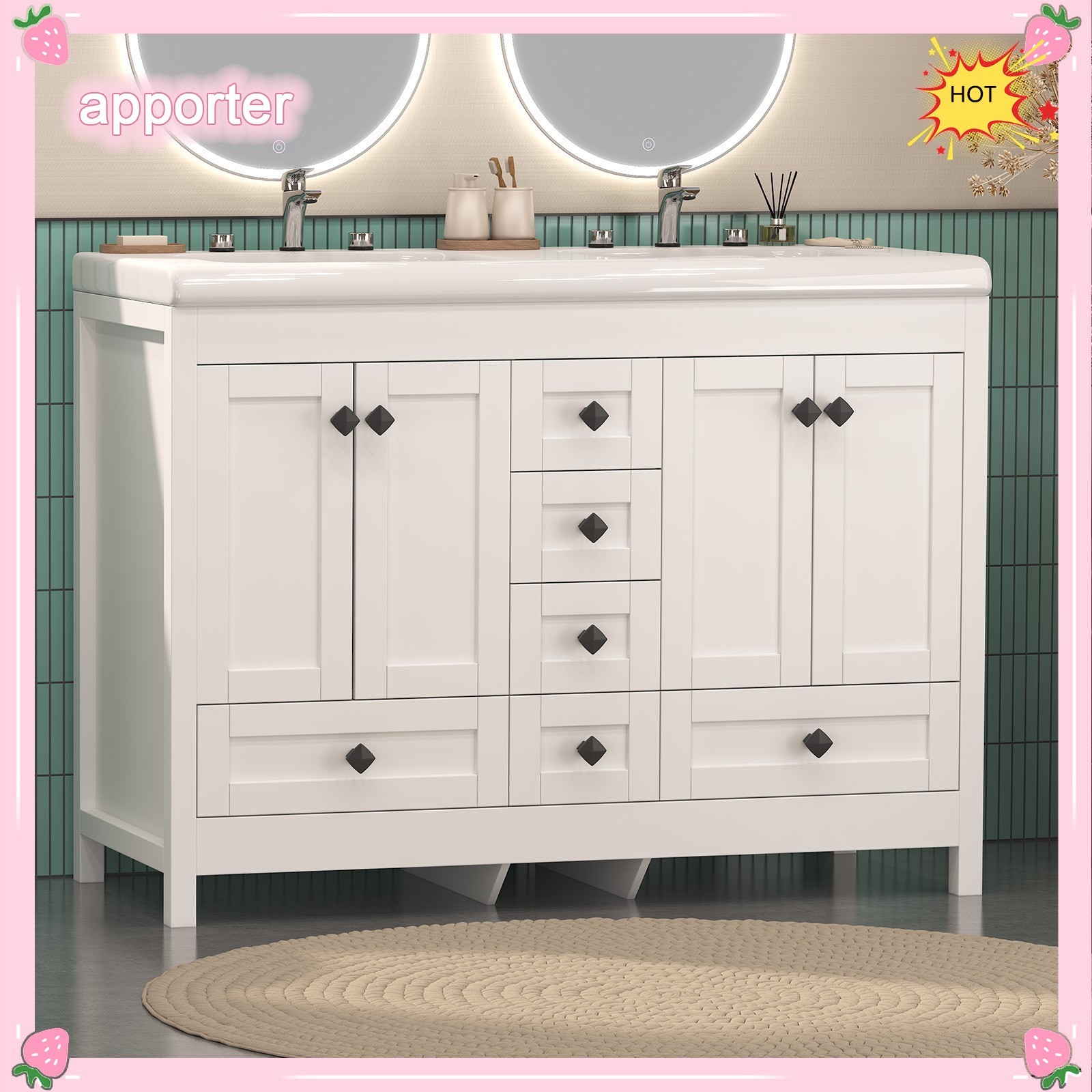 47in White Bathroom Vanity Double Sink Ceramic Freestanding Cabinet 5 Drawers US