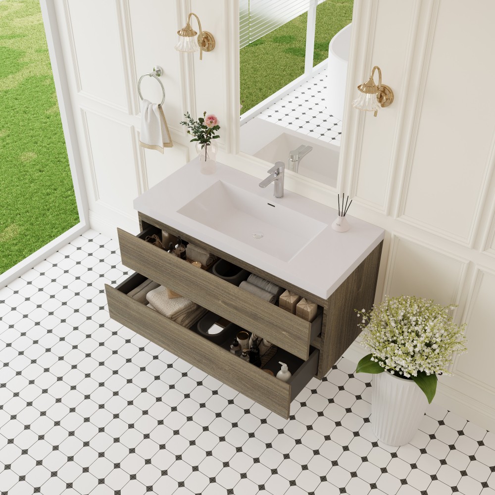 42″ Wall-Mounted Floating Bathroom Vanity with Sink & Soft Close Drawers – Grey