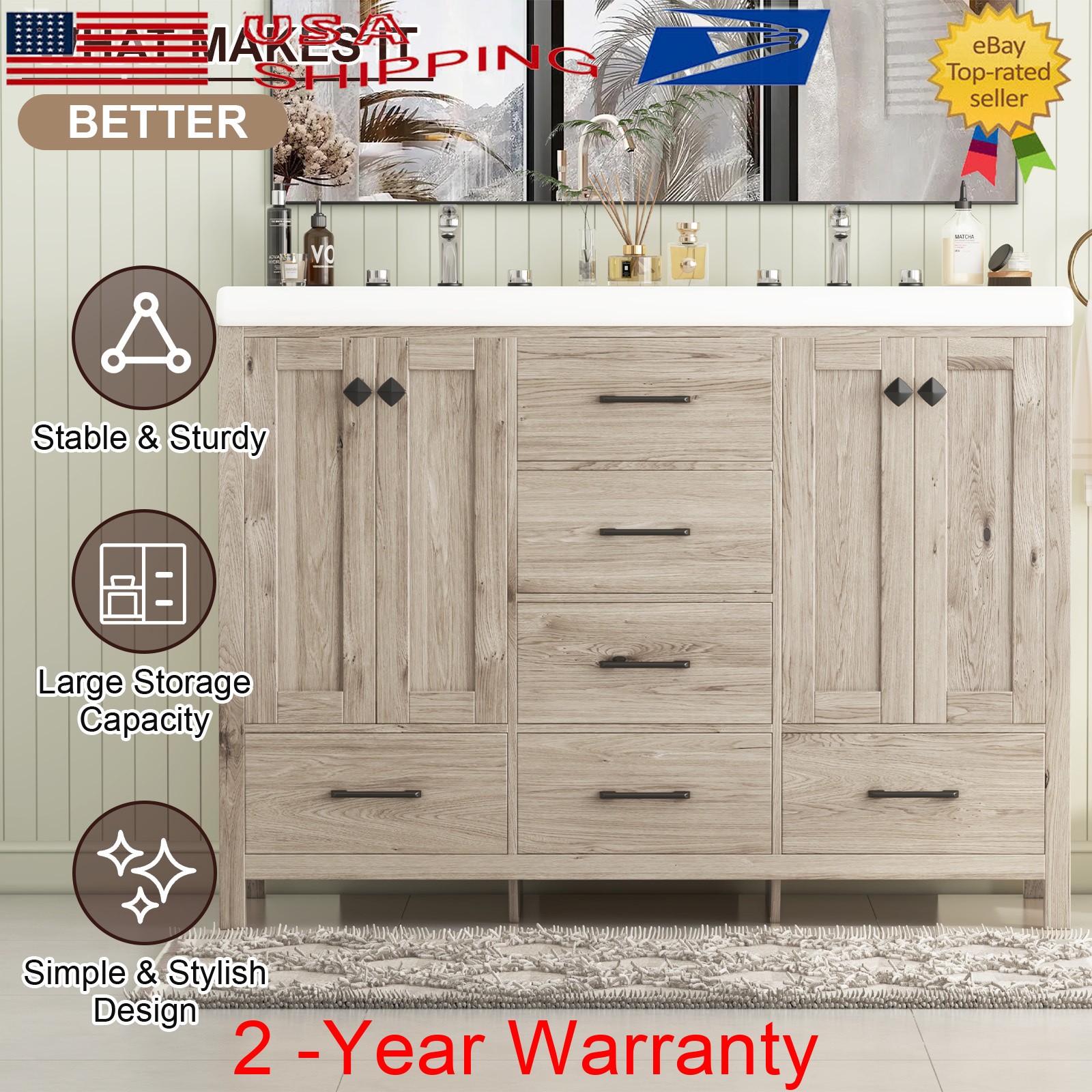 47.3″ Bathroom Vanity With Double Sink Stoarge Drawers Cabinets No Mirror Faucet