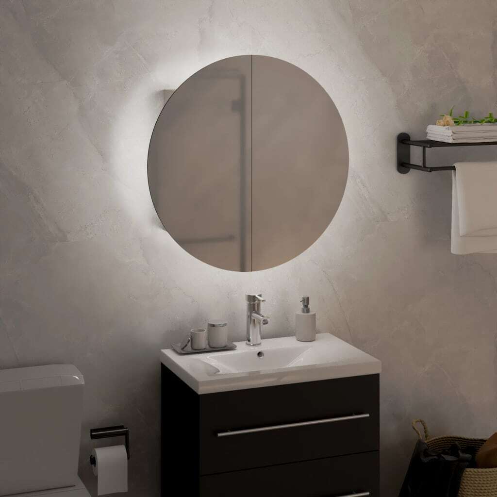 Bathroom Cabinet with Round Mirror&LED White 15.7″x15.7″x6.9″