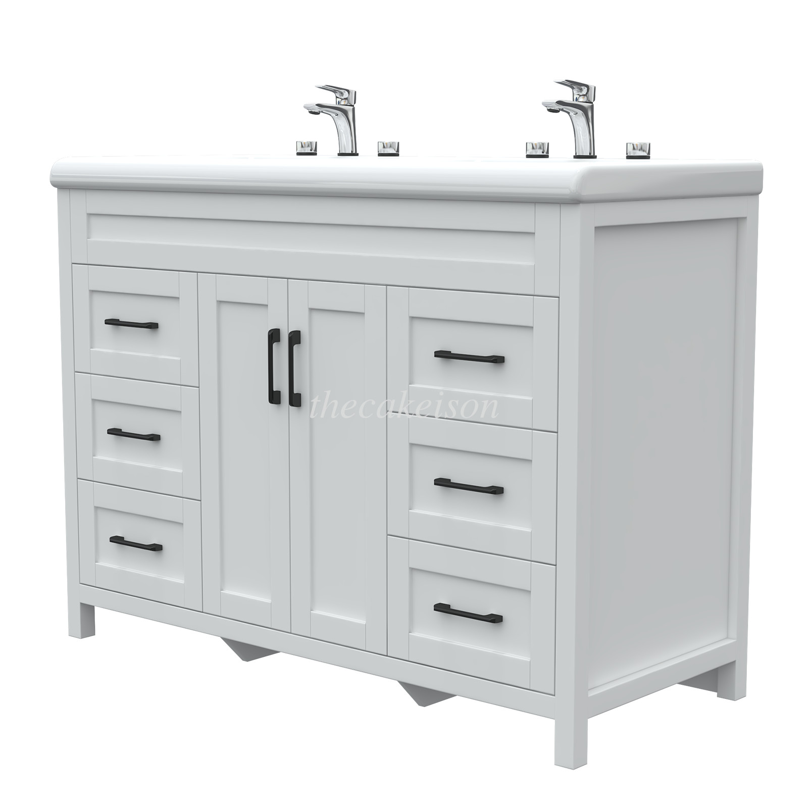 47.3″ Bathroom Vanity Cabinet White Freestanding Drawers + Double Sink Ceramic